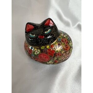Vtg Cat Kitty Trinket Vanity Box Paper Mache Kashmir india Flowers